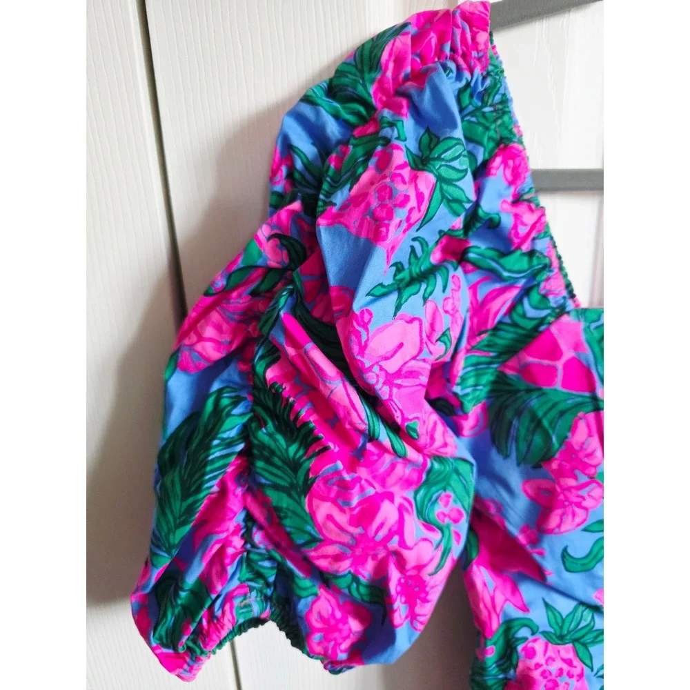 Lilly Pulitzer 2‎ Cerise Pink Safari Sunset Puff Sleeve Top Square Neck NWOT